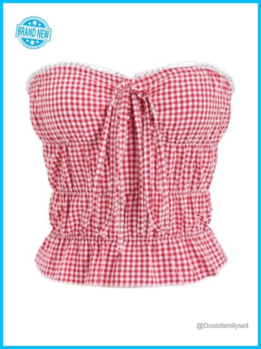 Gingham Crop Tube Top Peplum Bandeau Strapless Sleeveless Y2k Bow Ruffle Hem